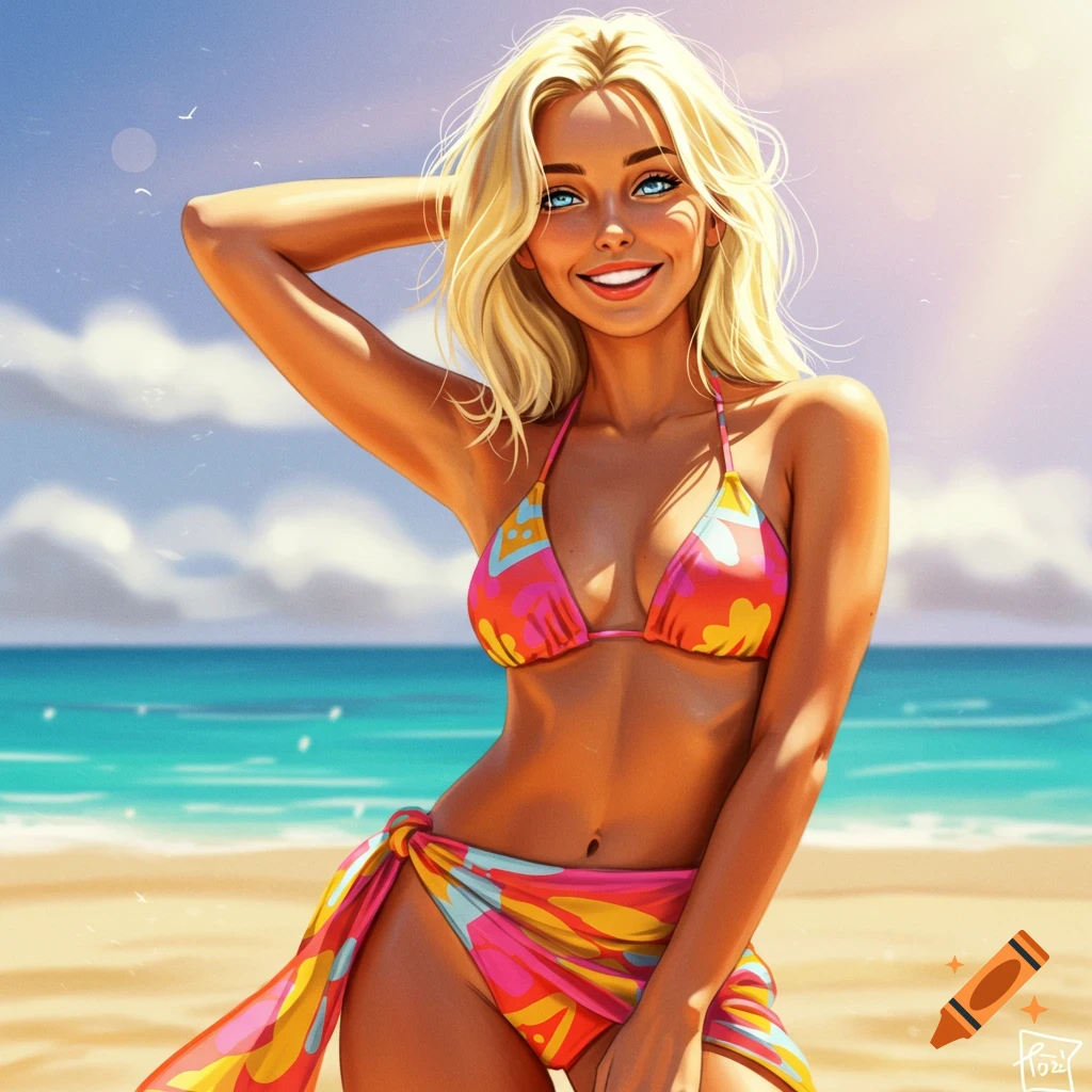 A blonde woman in a colorful bikini is posing on a sunny beach.