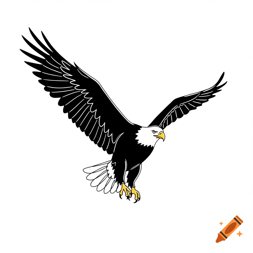 Black and white outline illustration of an eagle with wings spread.