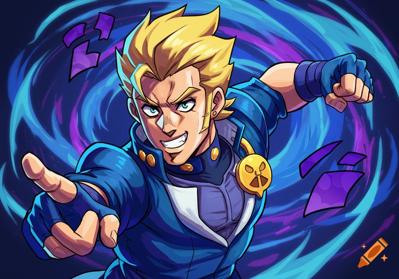Anime character in a blue suit with blonde hair, pointing forward against a swirling blue and purple background.