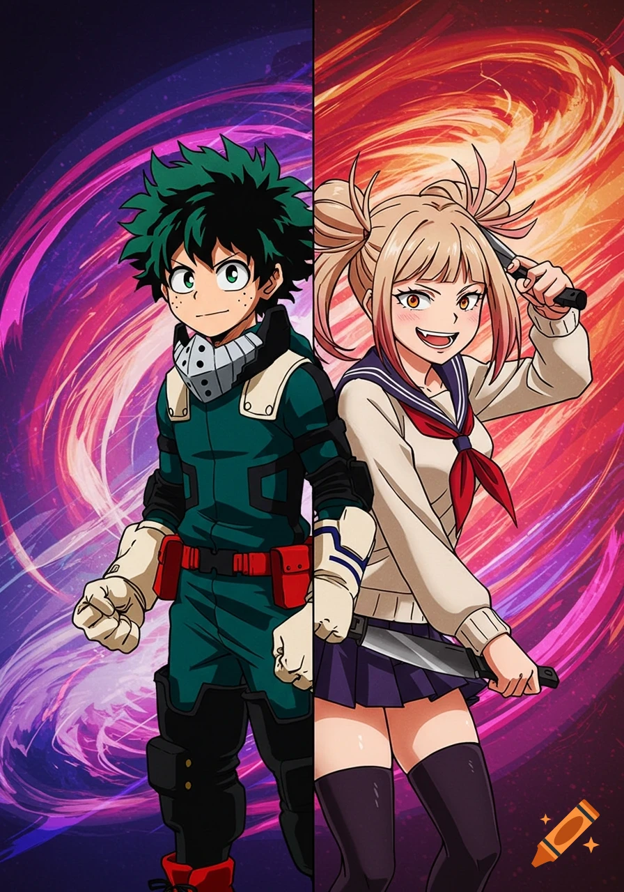 Anime characters Izuku Midoriya and Himiko Toga standing split screen with swirling backgrounds.
