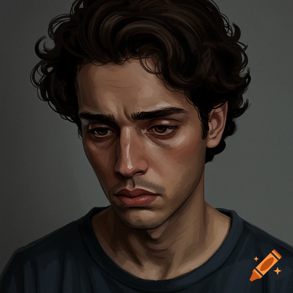 A young man with curly hair is looking down with a disappointed expression.