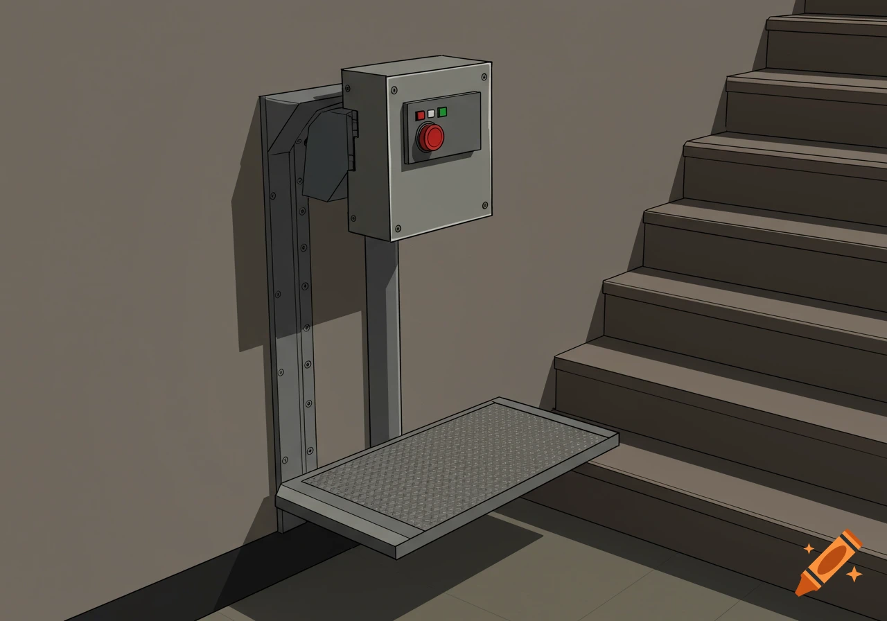 A pencil drawing of a wheelchair lift next to stairs.