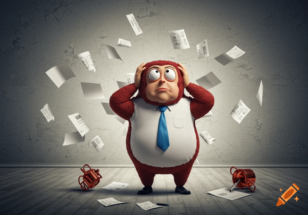 Cartoon monkey character in a shirt and tie clutches its head while papers fly around, depicting stress.