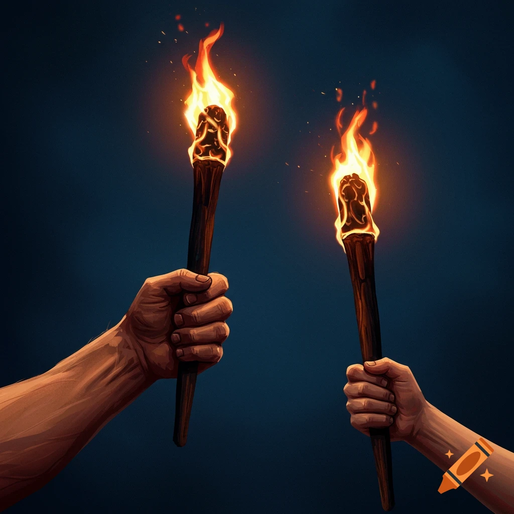 Two hands hold burning torches against a dark background, digital art style.