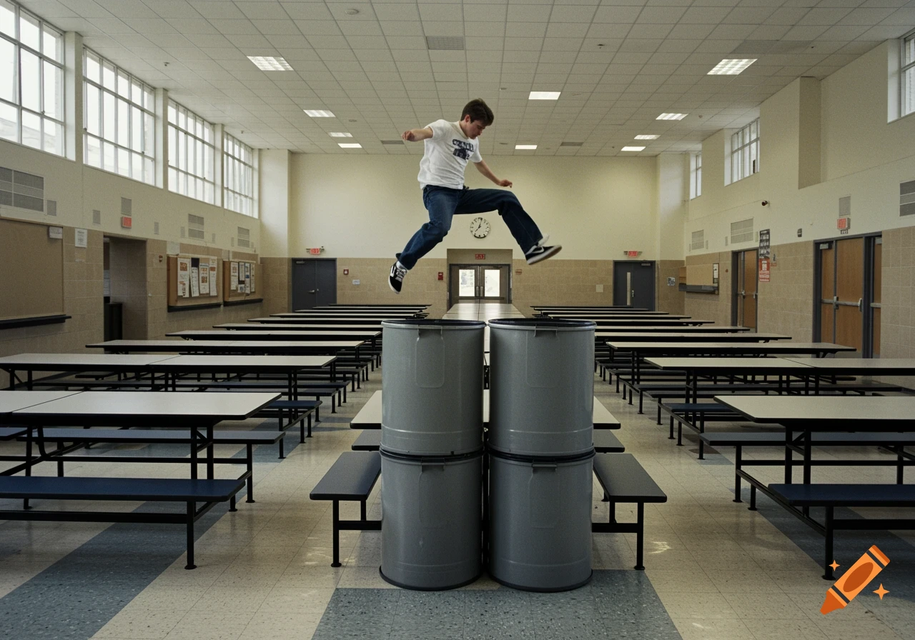 Teenage boy jumps over stacked trash bins in a school cafeteria, photo style.