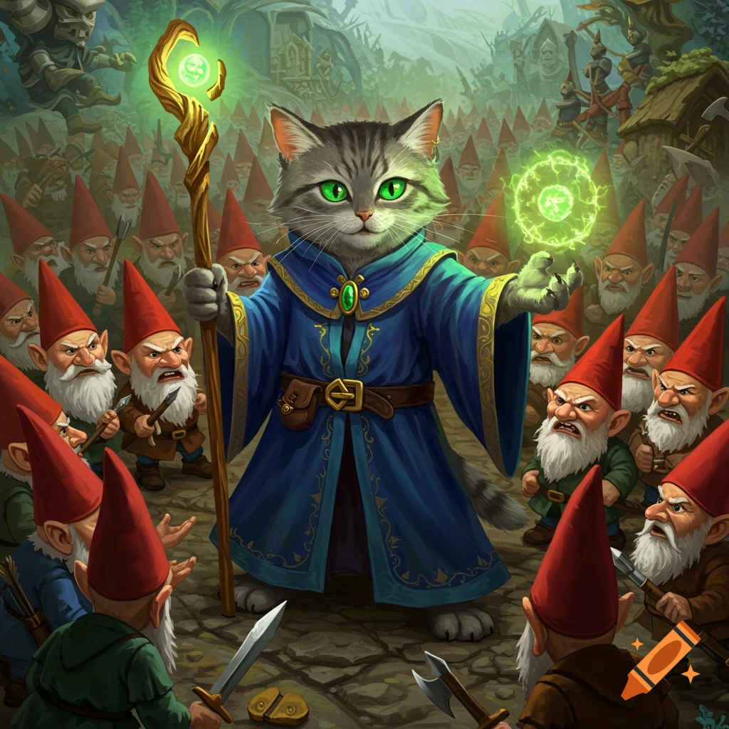 A cat wizard faces an army of angry gnomes.