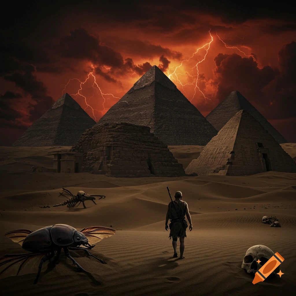 Person in desert looks at pyramids under stormy sky with lightning, giant beetle, and skulls.