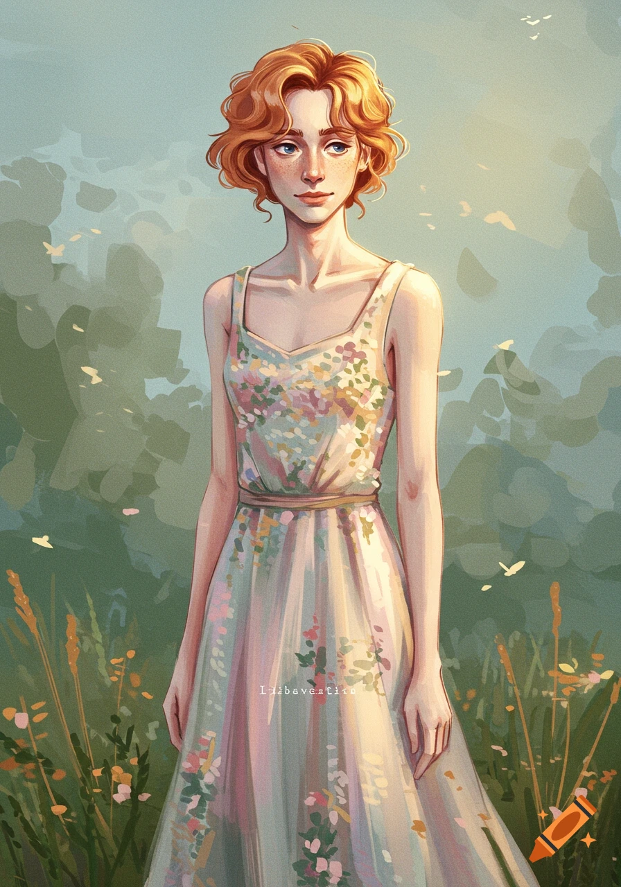 A woman with red hair in a floral dress standing in a field.