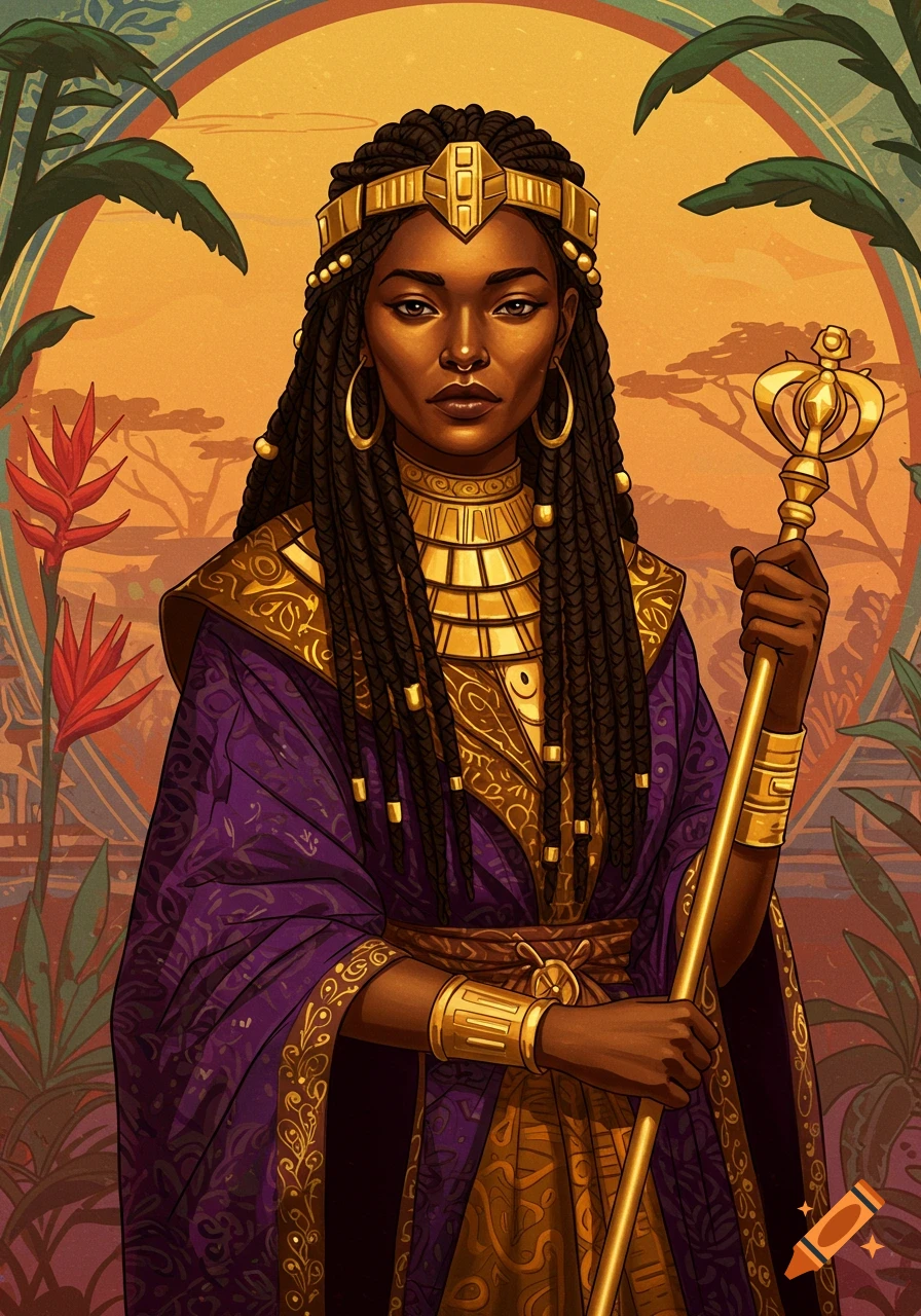An African queen in a purple and gold robe, holding a scepter.