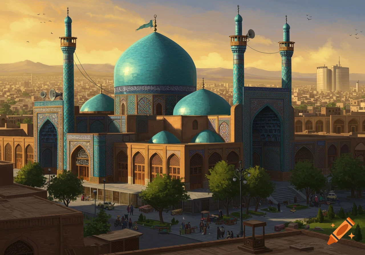 A large mosque with blue domes and minarets stands in a city at sunset.