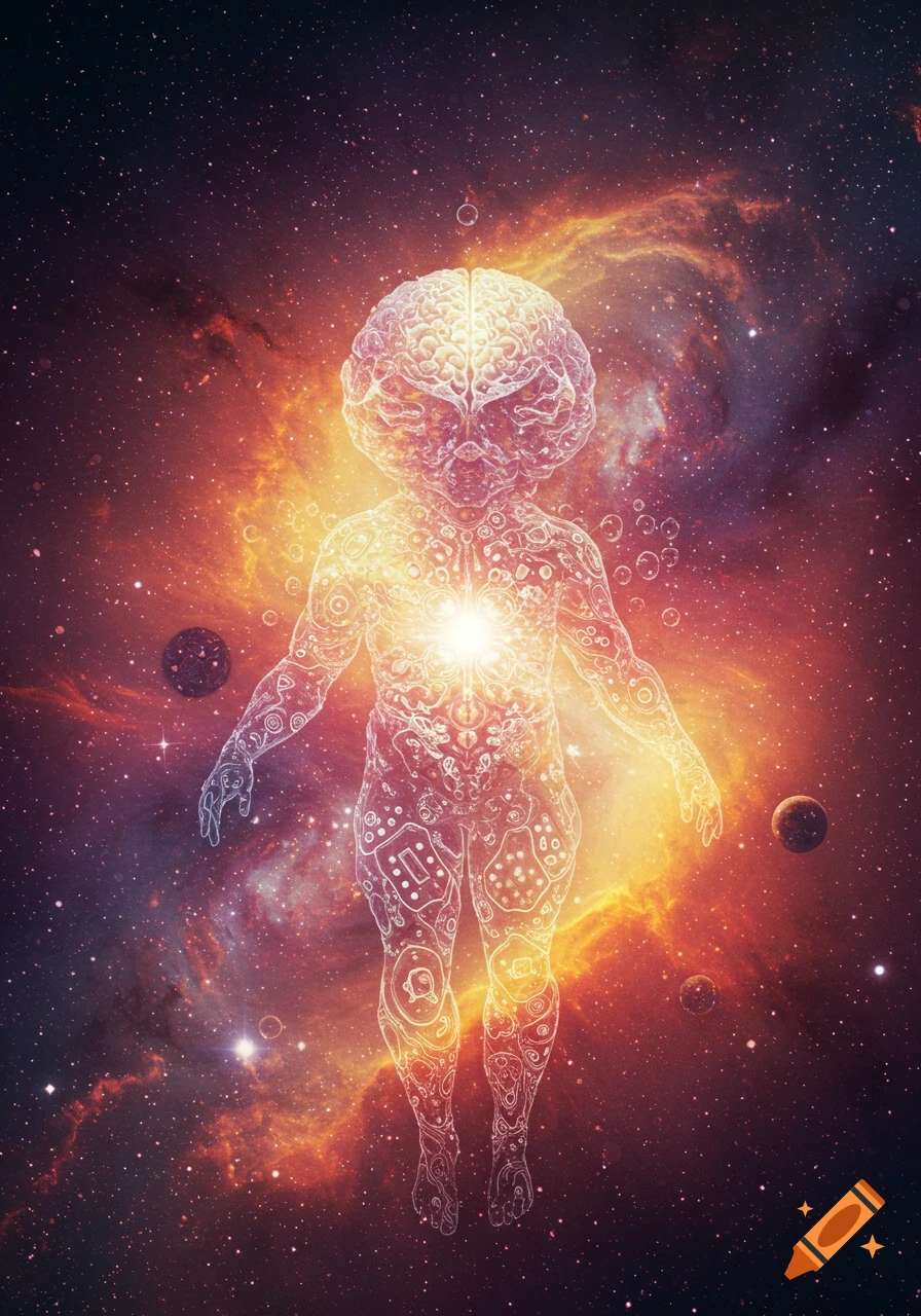 Stylized figure with brain-like head and glowing chest, covered in intricate patterns, floats in a cosmic nebula with stars and planets.