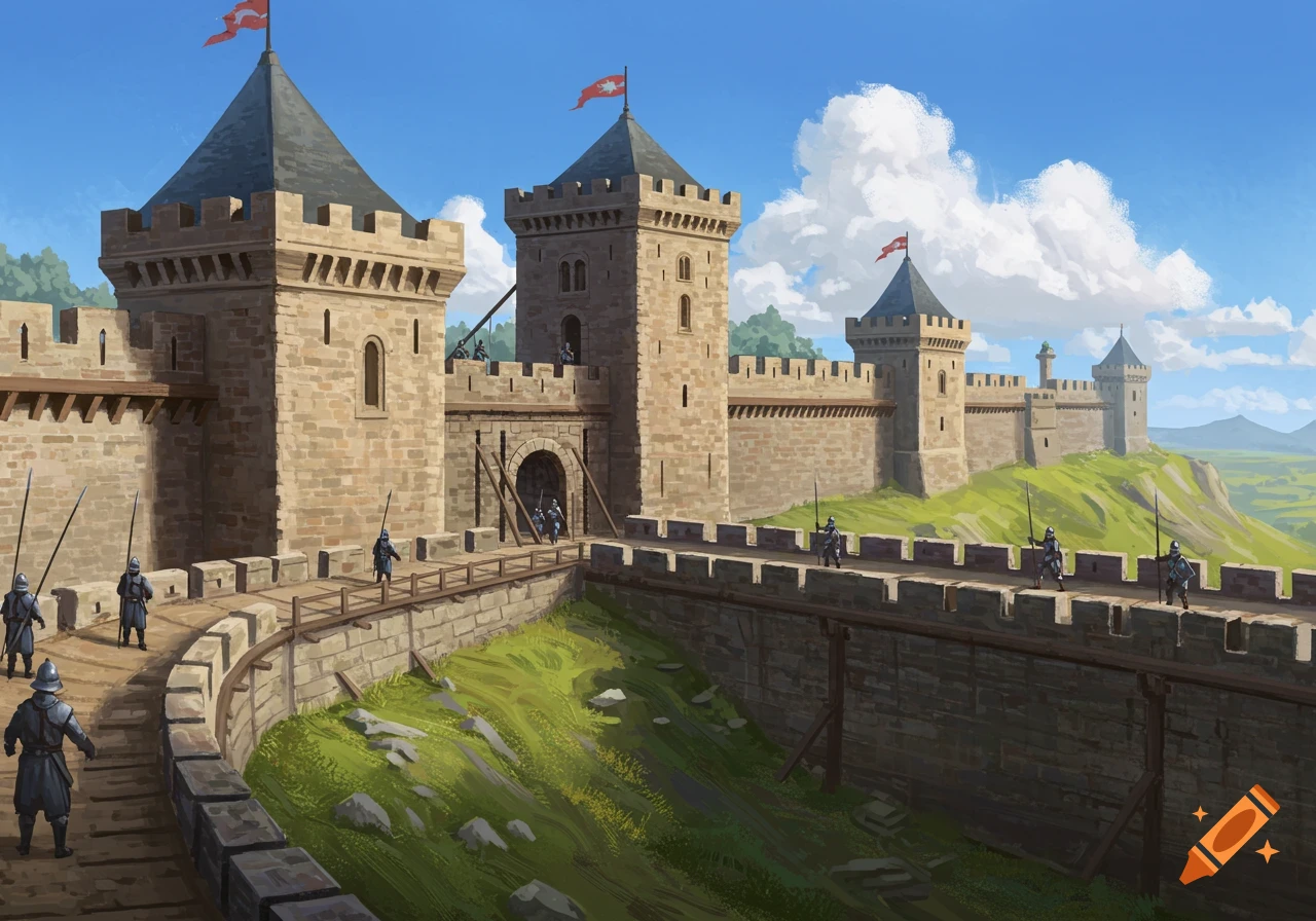 A medieval fortress stands with guards positioned on the battlements.
