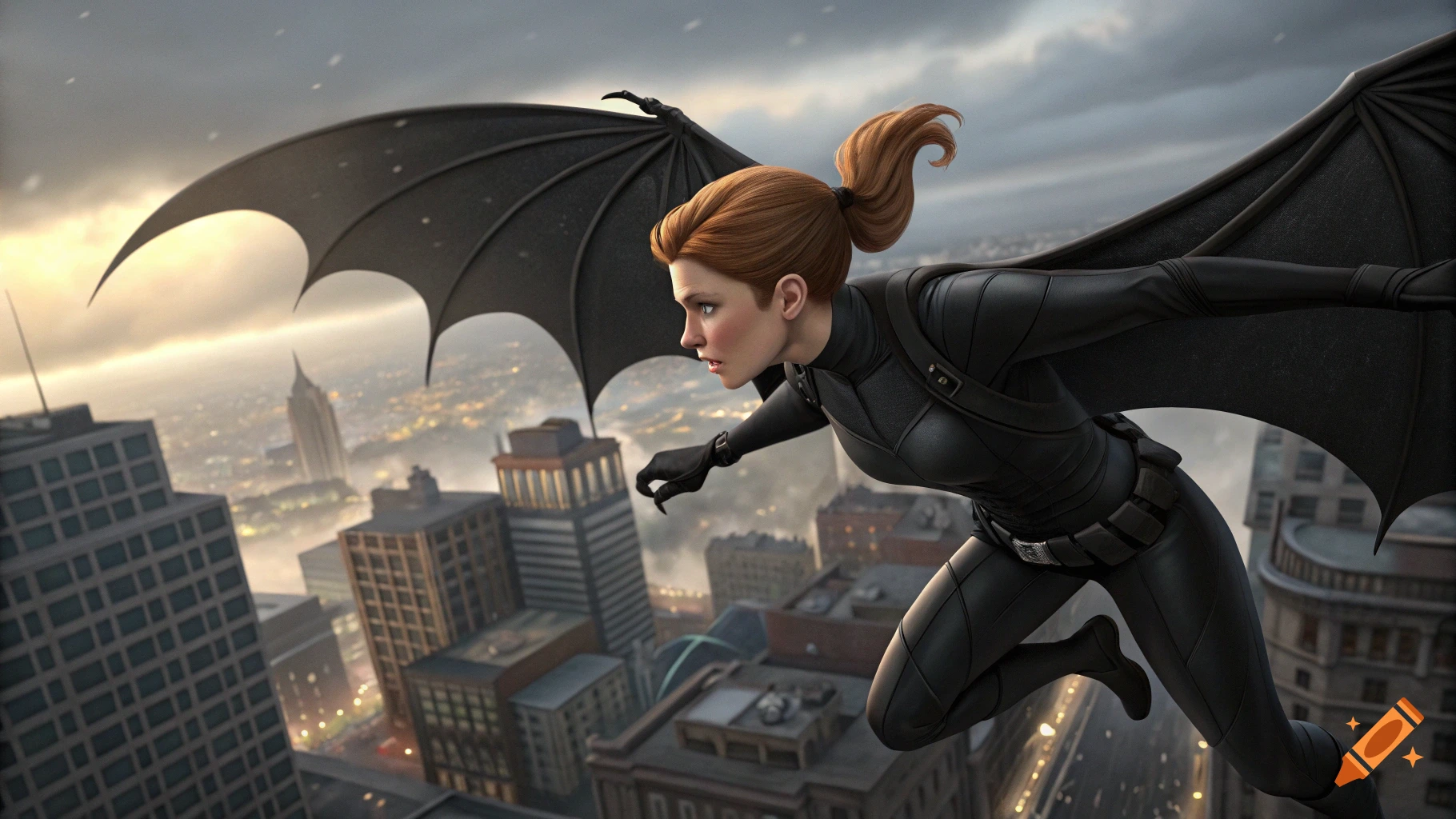 Woman in black suit with black wings flying over a city.