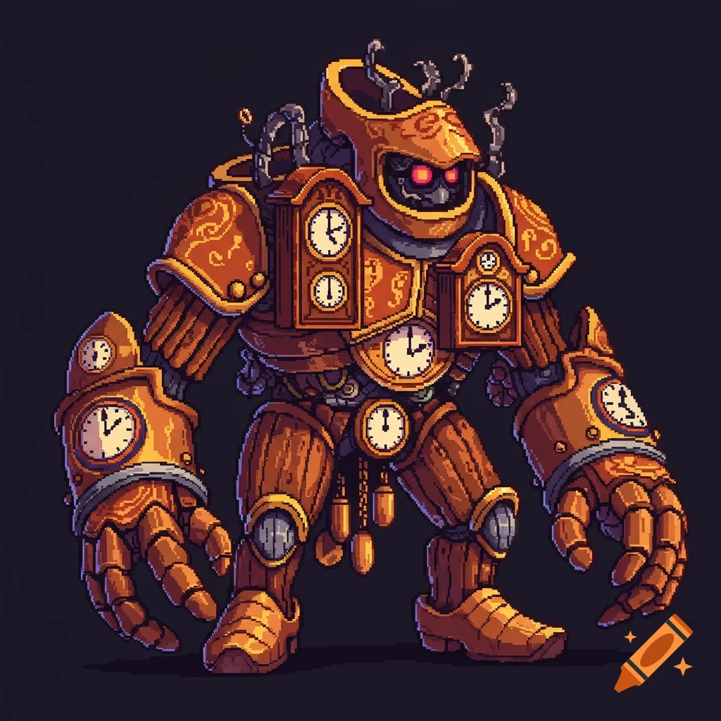 Pixel art illustration of a steampunk robot boss covered in clock faces and wooden textures.