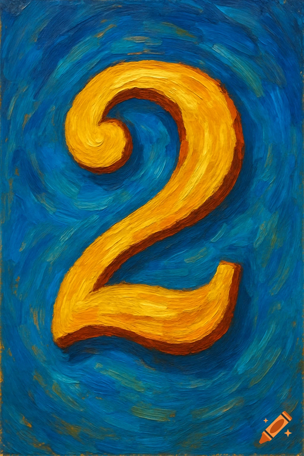 A yellow number 2 painted on a blue background.