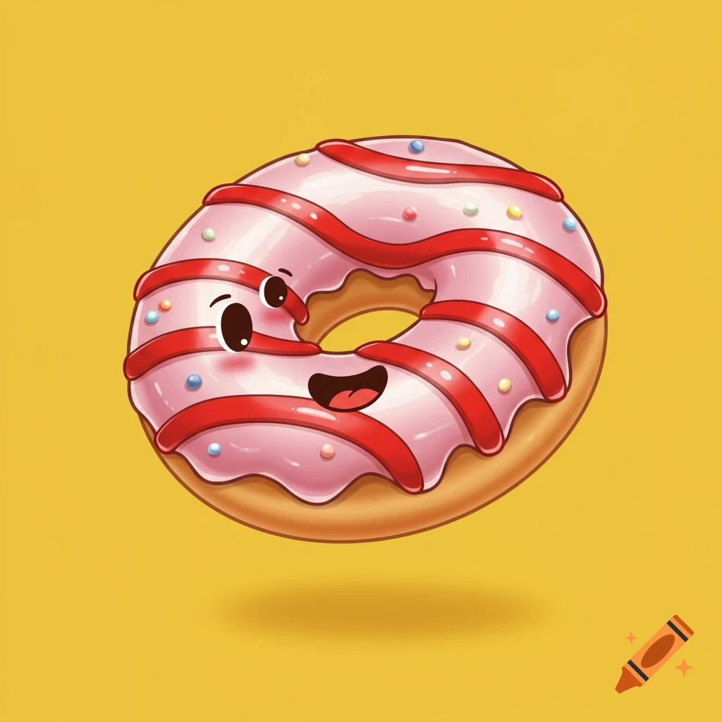 Cartoon donut with pink icing, red stripes, sprinkles, and a face.