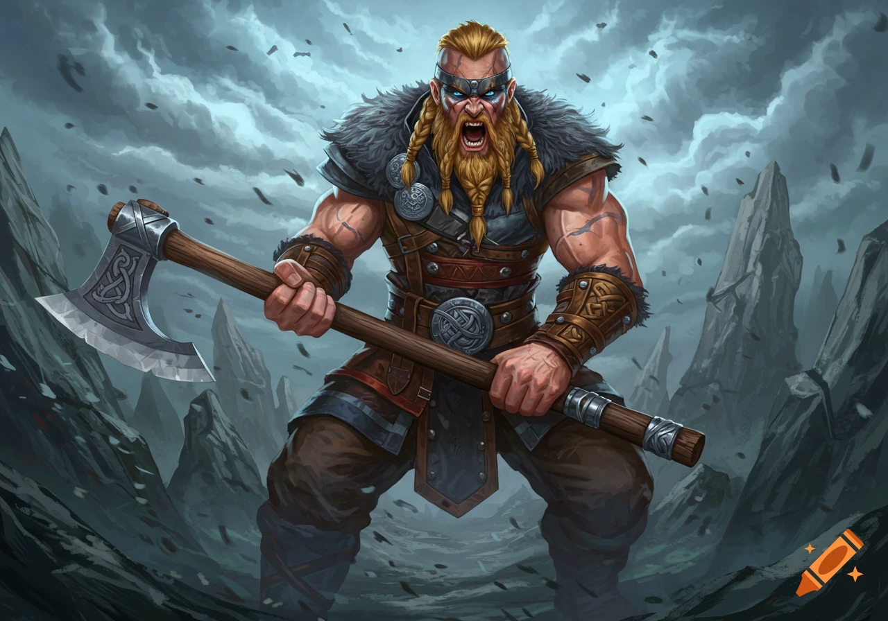 A fierce Viking warrior holding a battle axe in a rocky landscape under a stormy sky.
