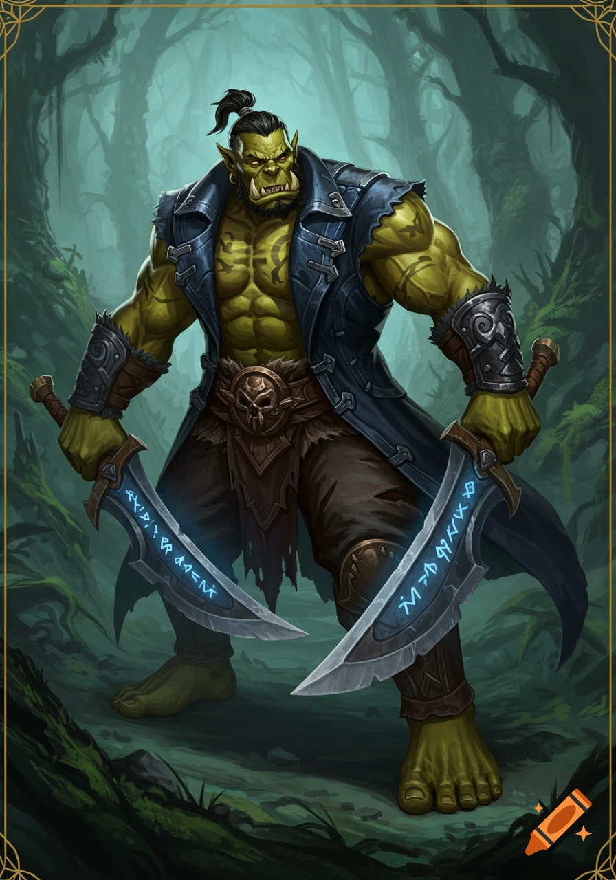 Muscular green orc with dual rune blades, wearing a blue coat, standing barefoot in a forest.