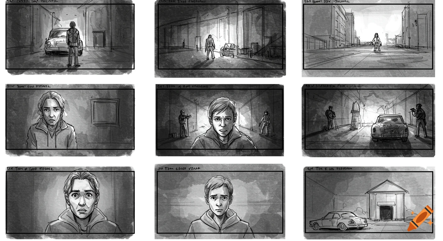 A grid of black and white storyboard sketches depicting scenes with characters, cars, and buildings.
