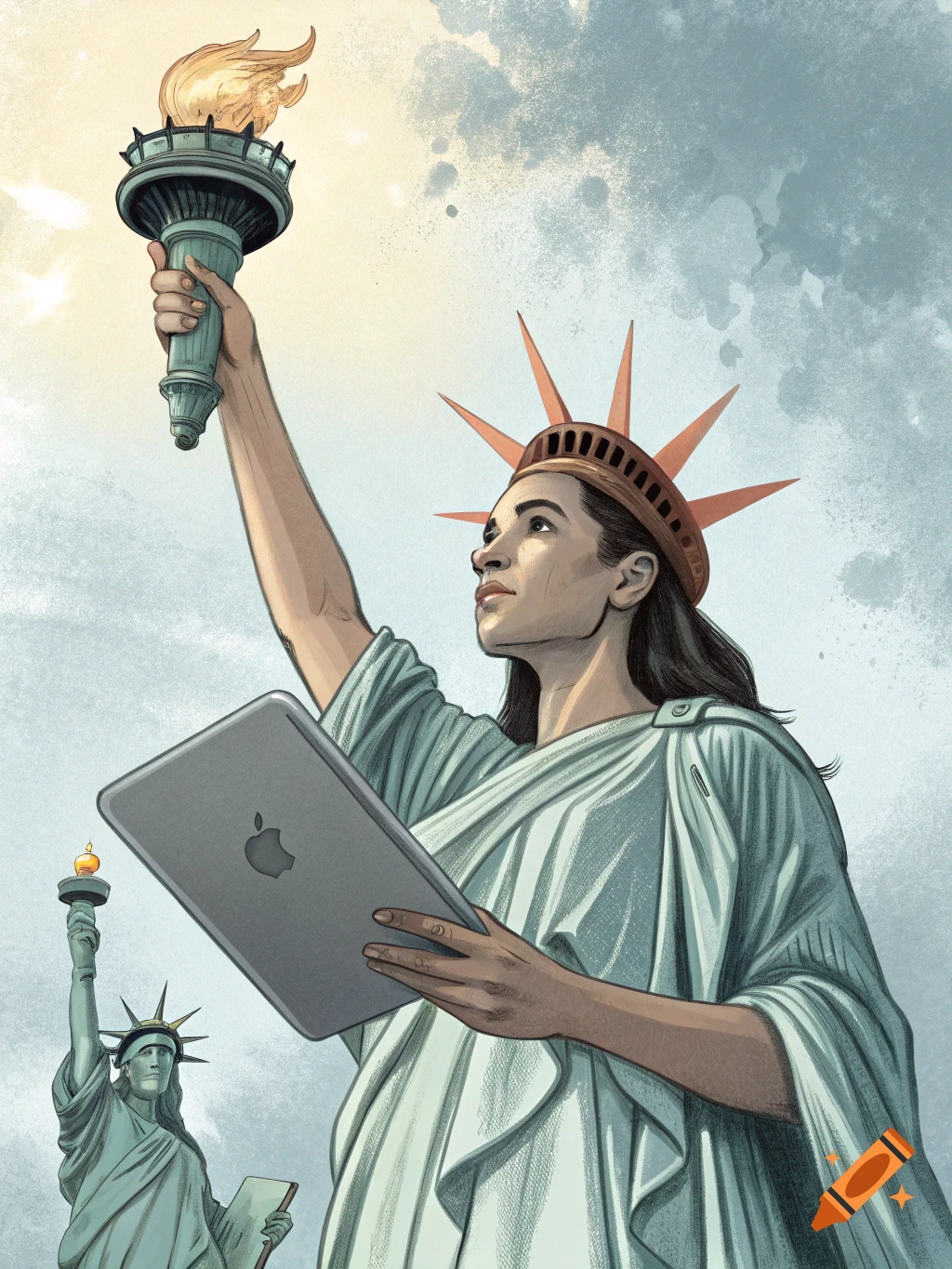 Illustration of a person resembling AOC dressed as the Statue of Liberty, holding a torch and a tablet.