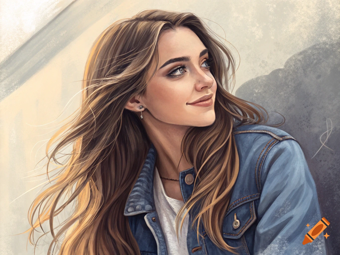 A portrait illustration of a woman with long brown hair wearing a denim jacket, looking up.