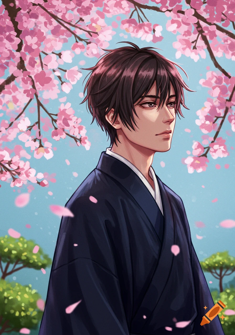 An anime-style image of a man in a dark kimono standing under pink cherry blossoms.
