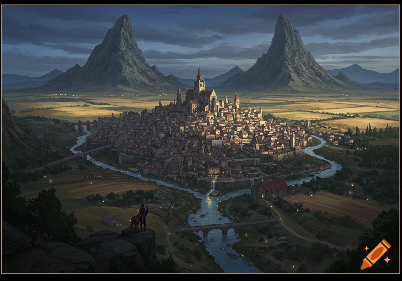 A medieval city is nestled between two mountains, with a river winding through plains. A person on horseback watches from a hill.