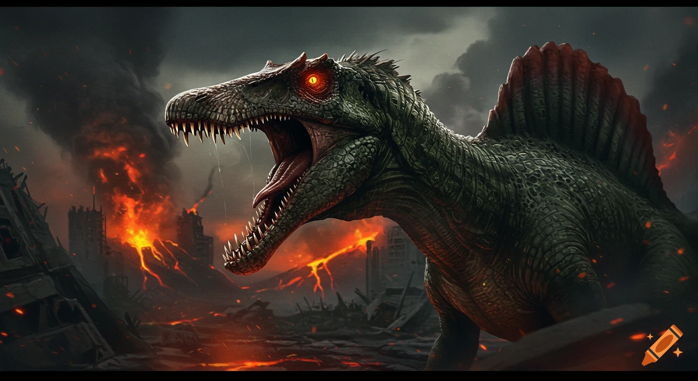 Evil Spinosaurus roars in a post-apocalyptic city engulfed in lava and fire.