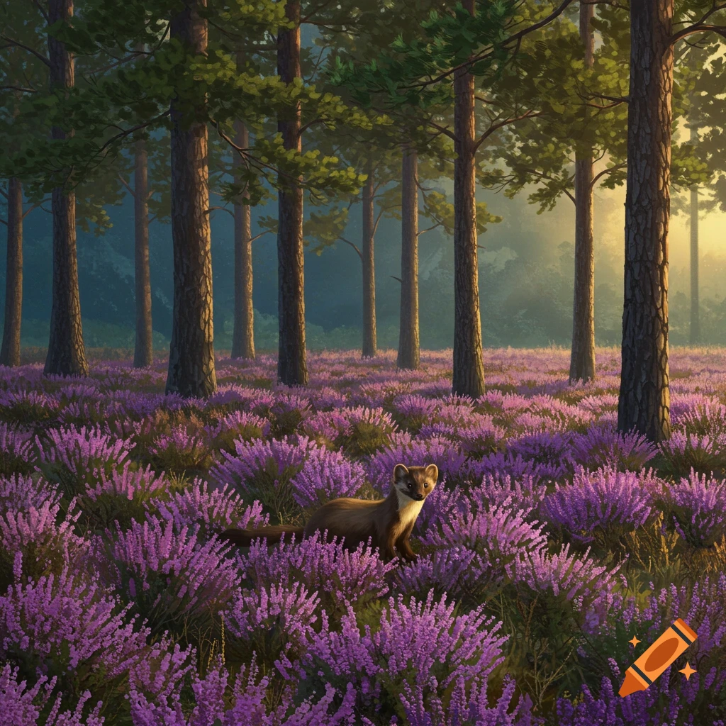A pine marten stands in a field of purple heather within a forest.