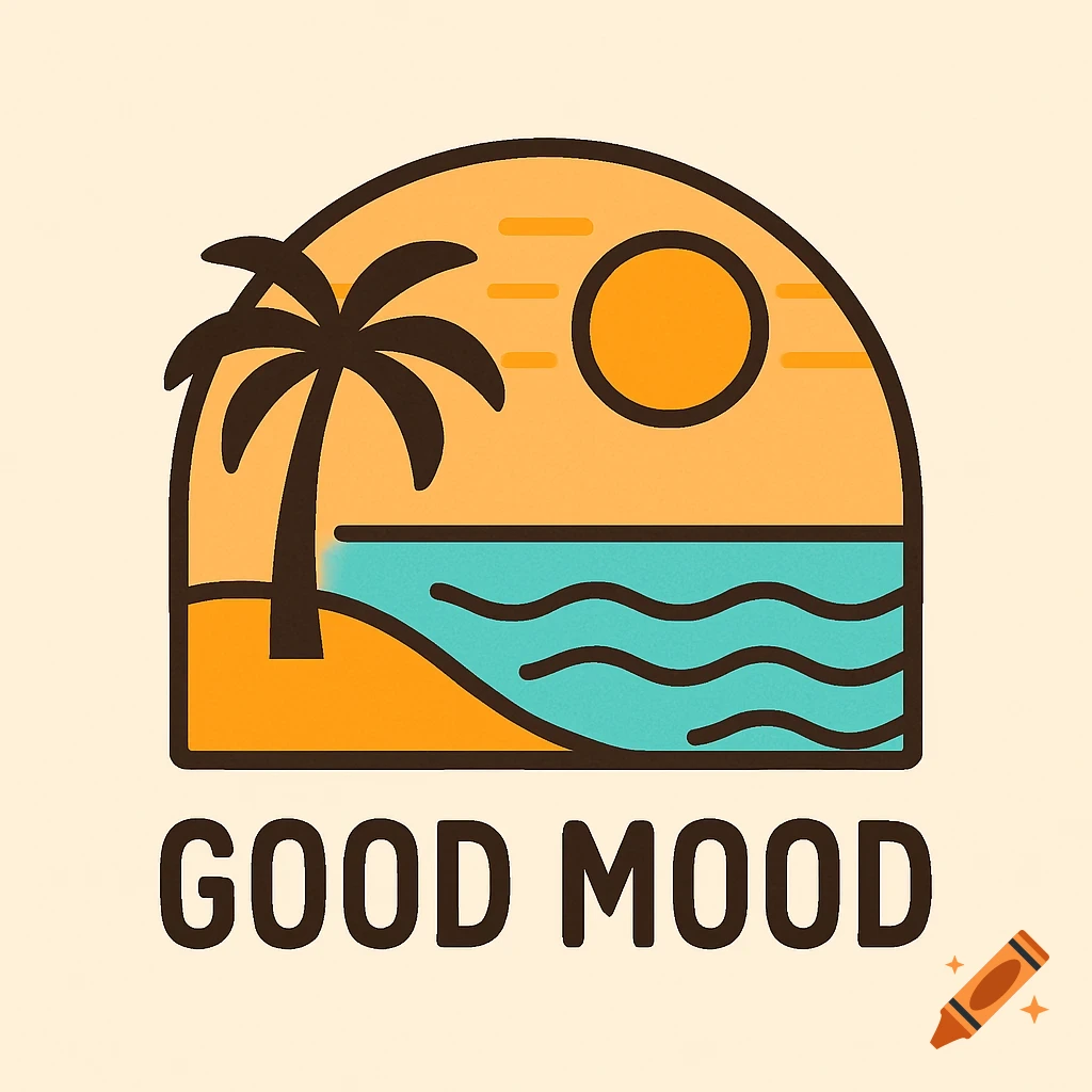 Vector graphic of a beach scene with a palm tree, sun, and waves above the text "GOOD MOOD".