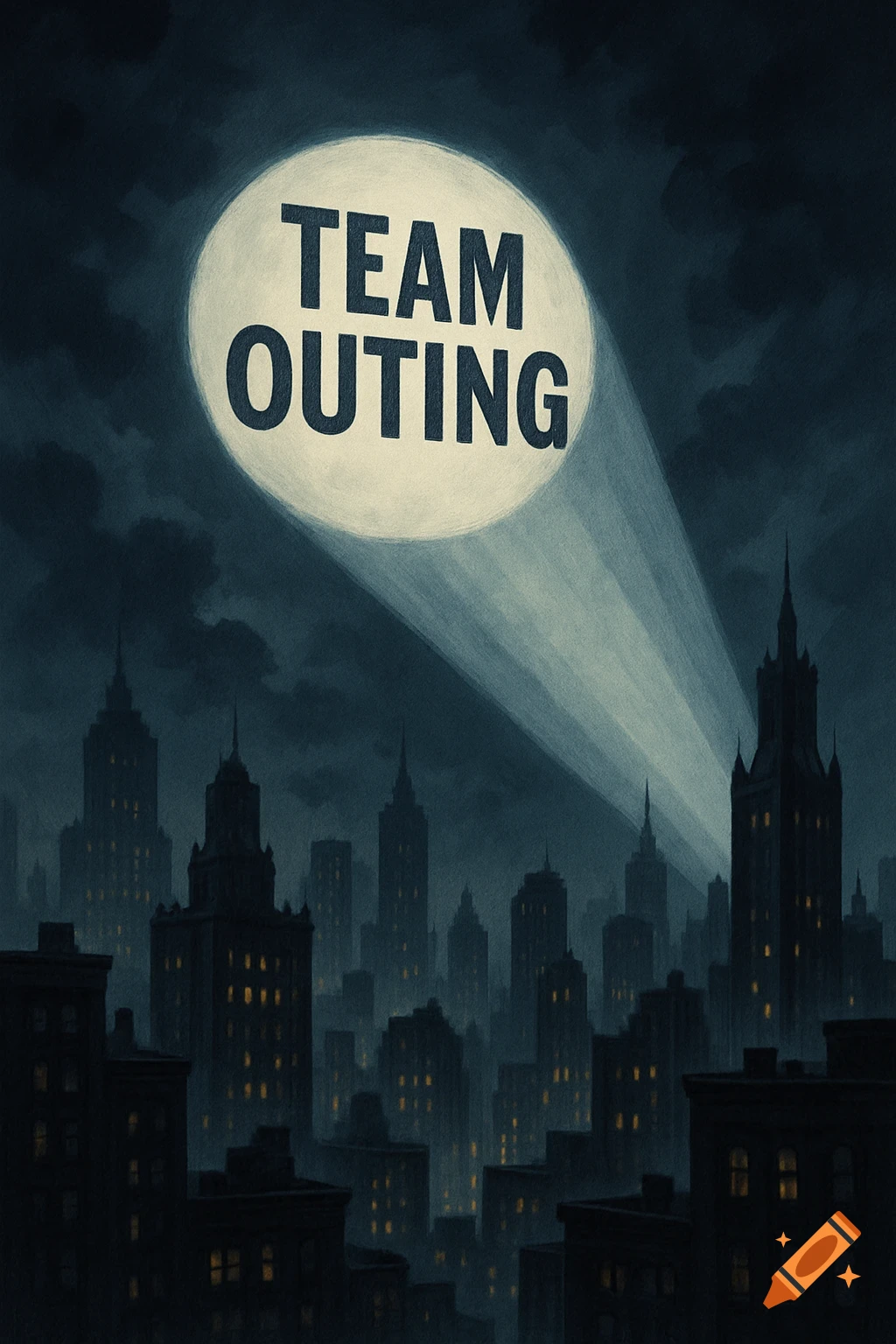 A spotlight with the words 'TEAM OUTING' shining over a dark, stylized cityscape at night.