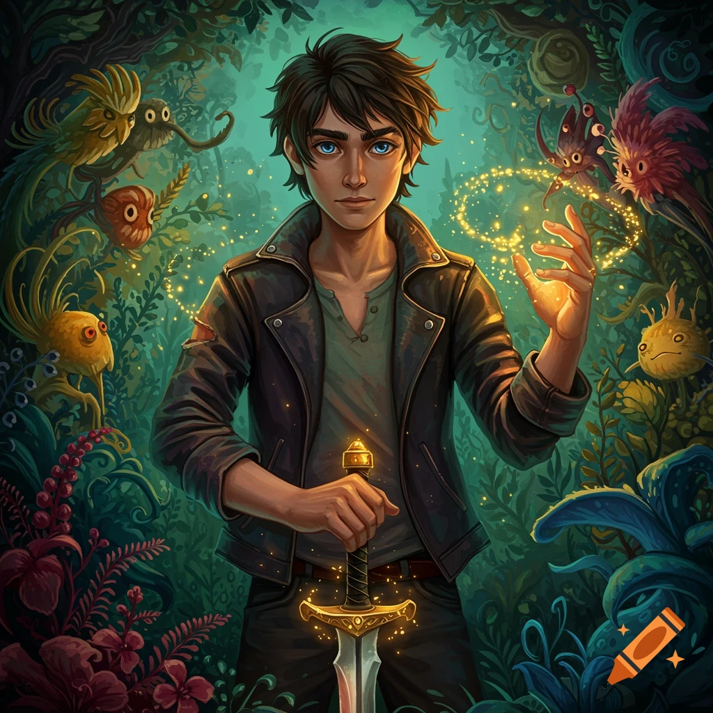 A young man with a sword and glowing hand is surrounded by fantasy creatures in a forest.
