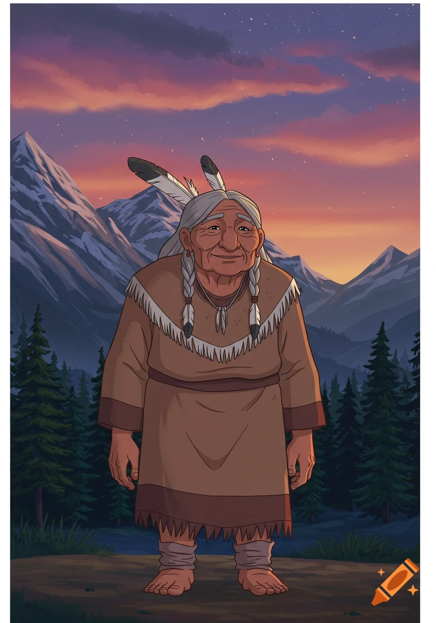 Animated portrait of an old Indigenous woman in traditional dress with feathers in her hair, standing in mountains at sunset.