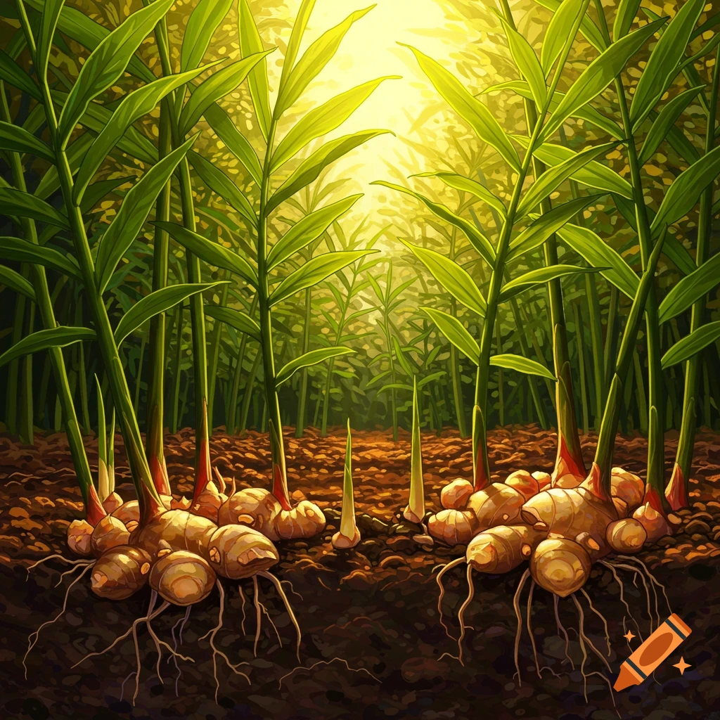 Ginger plants grow with roots exposed in soil under sunlight.