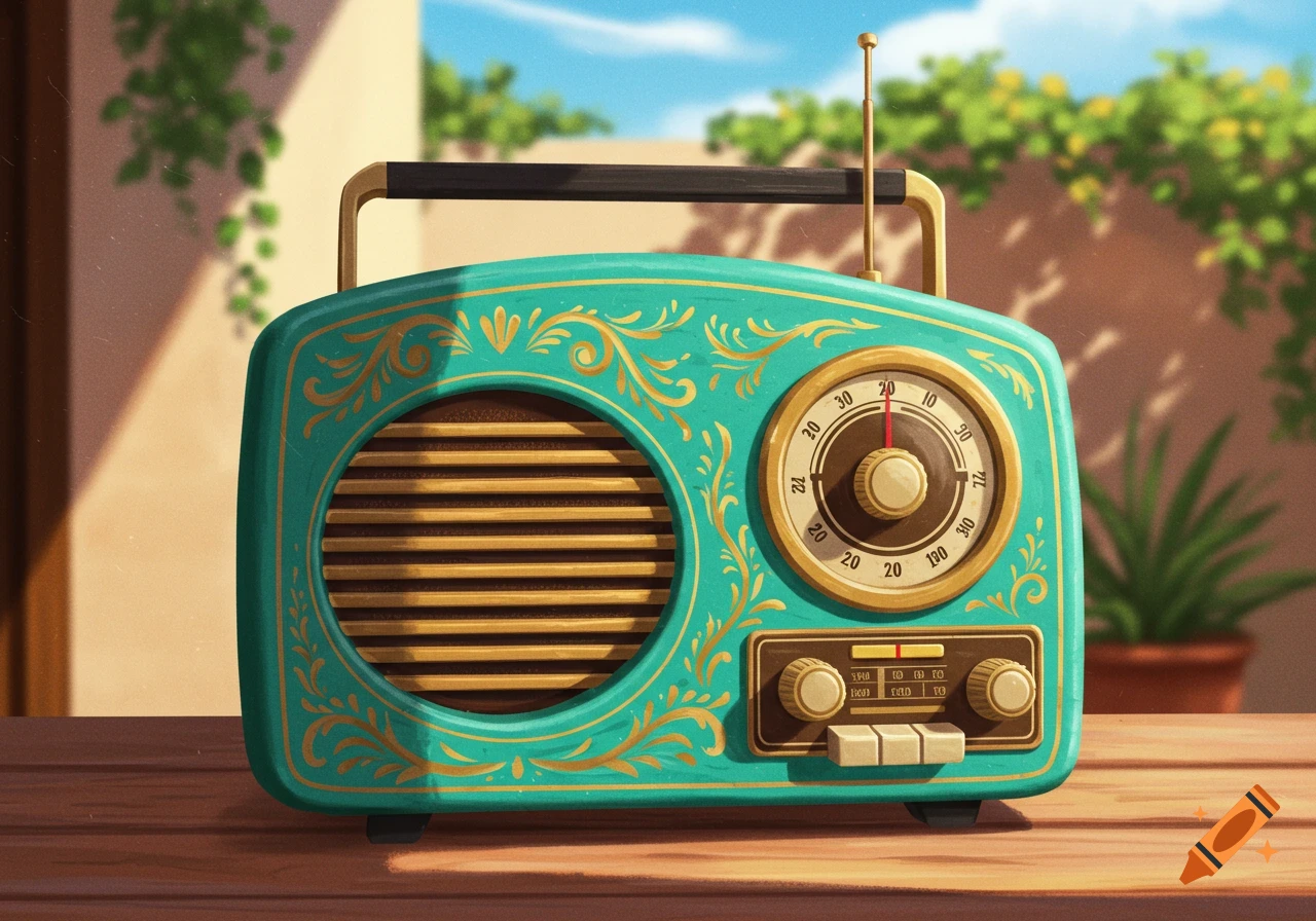 A vintage teal radio with gold decoration sitting on a table.