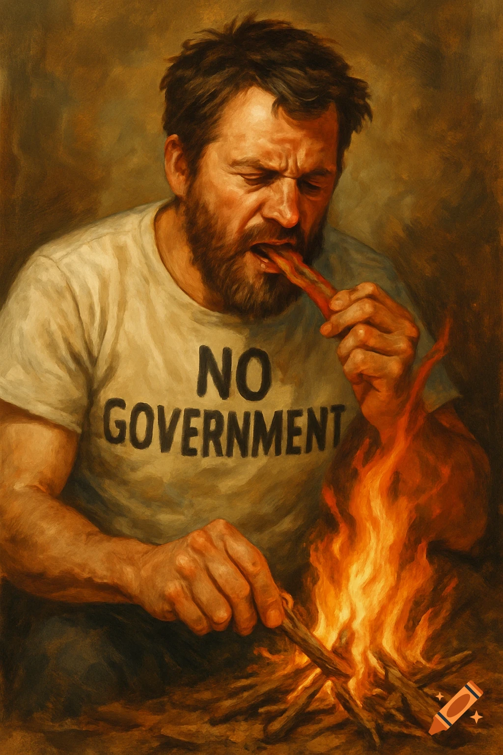 A bearded man in a "NO GOVERNMENT" shirt, eating over a campfire.