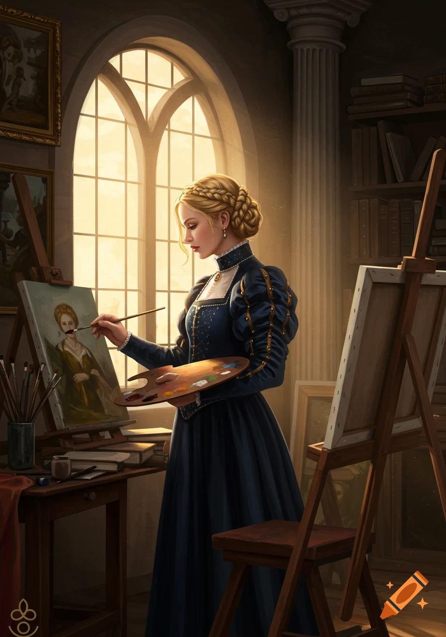 A woman in a renaissance dress is painting a portrait in a studio.
