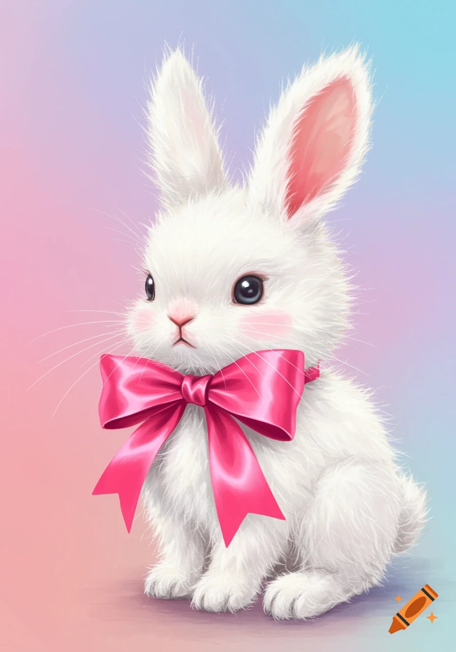 A fluffy white bunny rabbit with a pink bow sits against a pastel pink and blue gradient background.