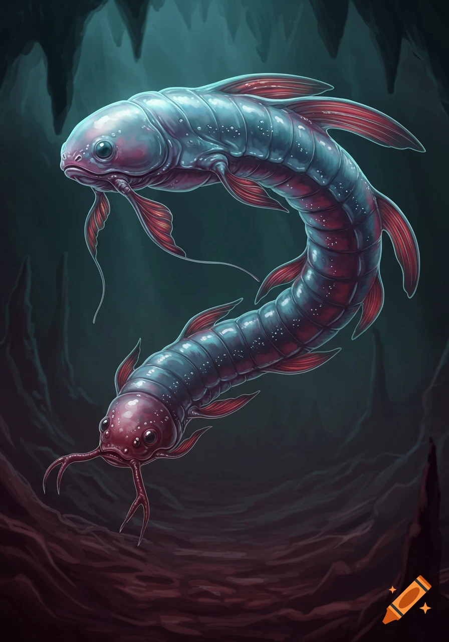 A sleek, segmented, eel-like alien creature swims in a dark, underwater cave.
