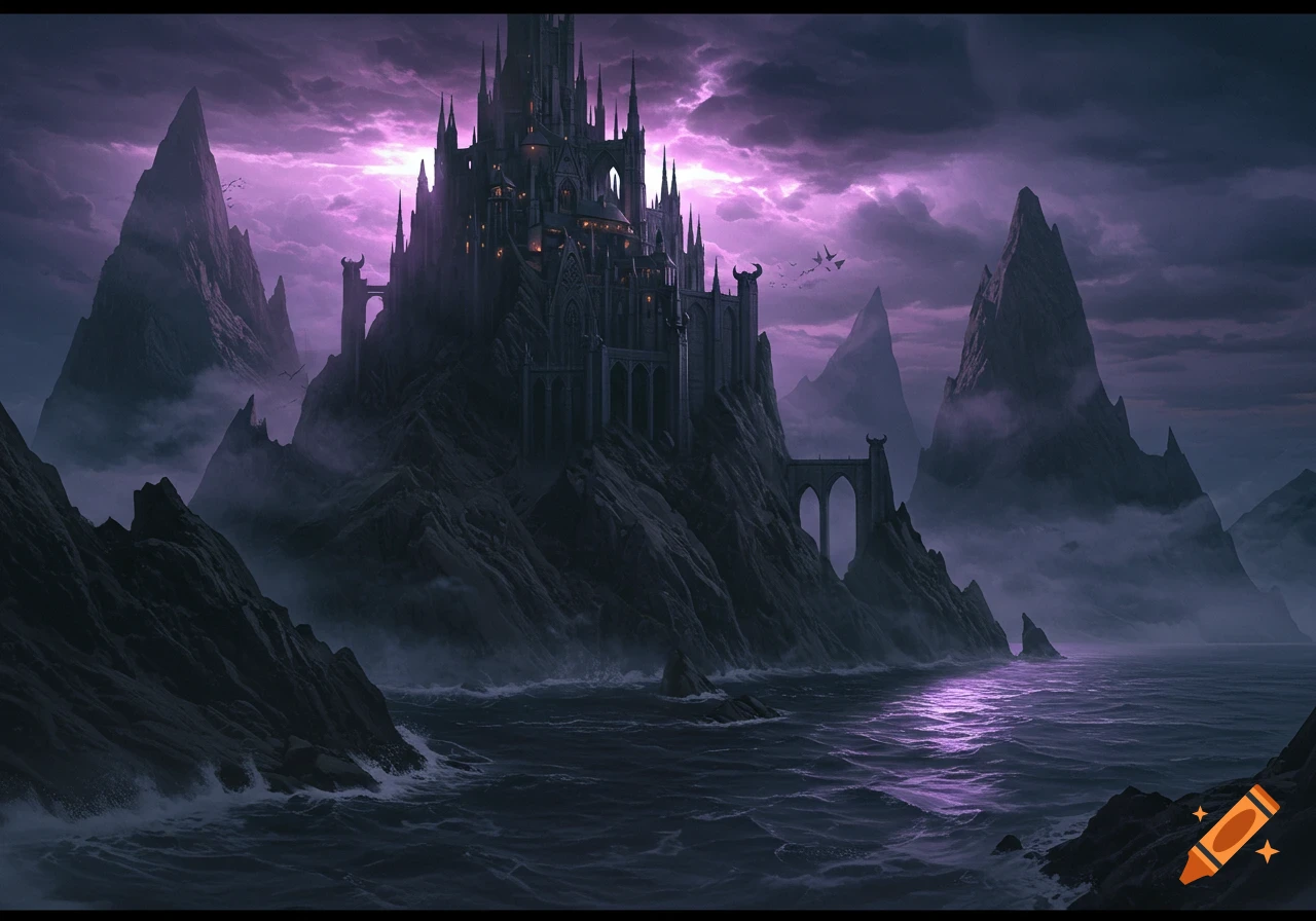Dark fantasy castle on a mountain peak beside a stormy ocean under a purple sky.