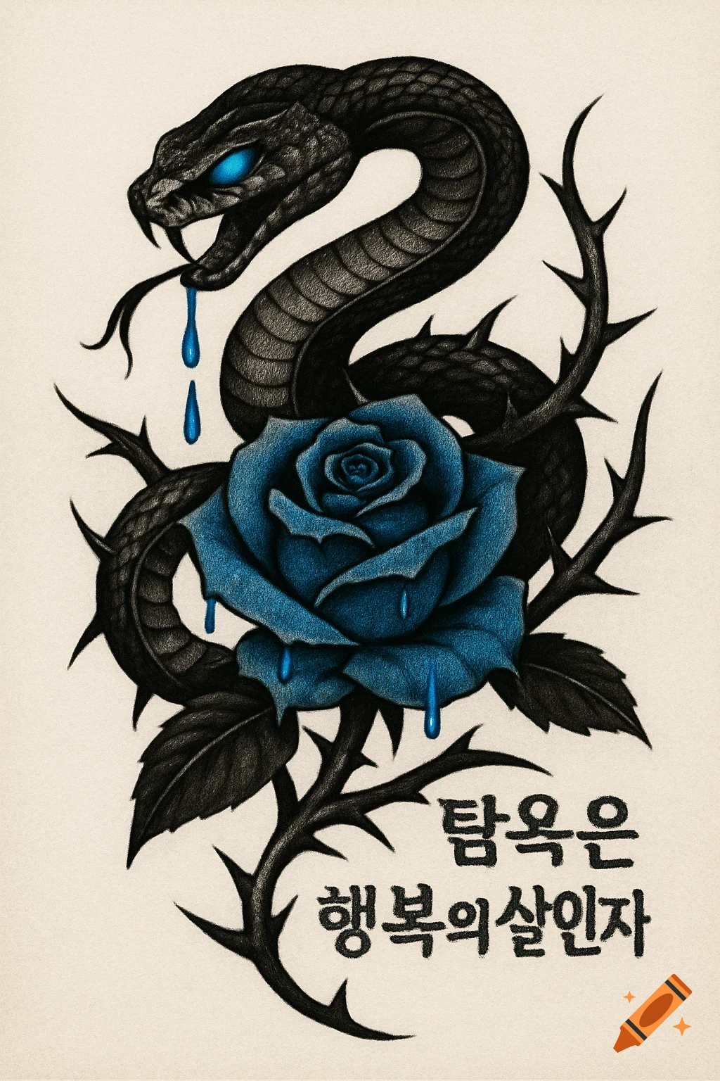 Drawing of a black snake with blue eyes and blue tears dripping on a blue rose with black thorns, with Korean text below.