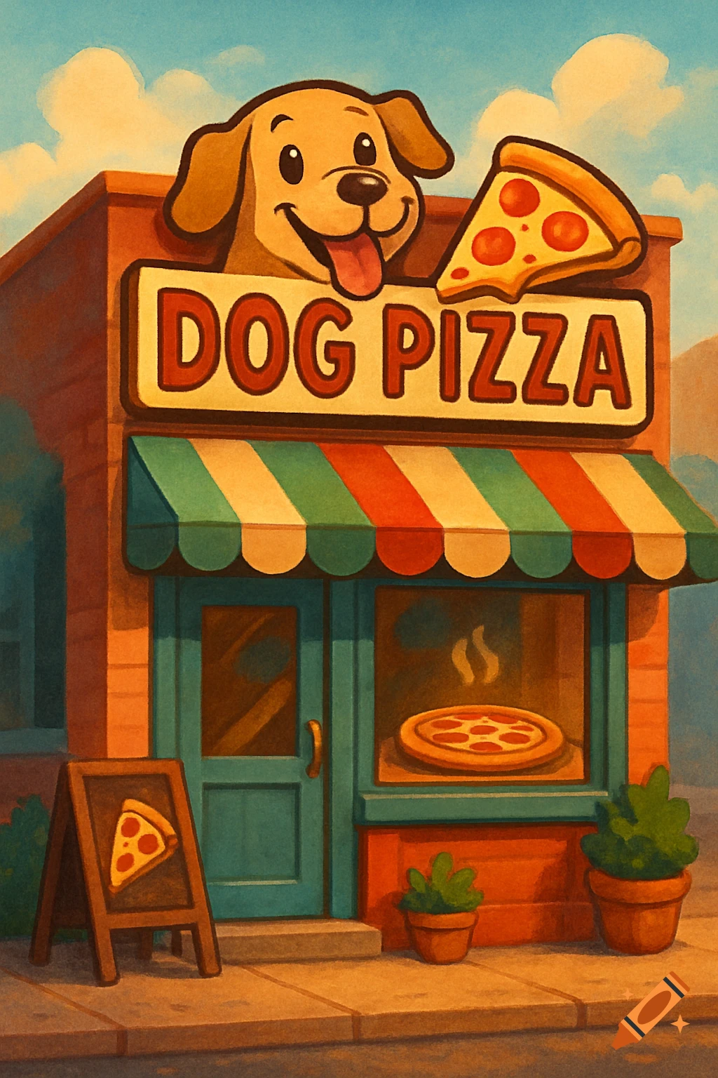 A cartoon dog mascot is on a 'Dog Pizza' shop sign. Features a pizza slice and pizza in the window.