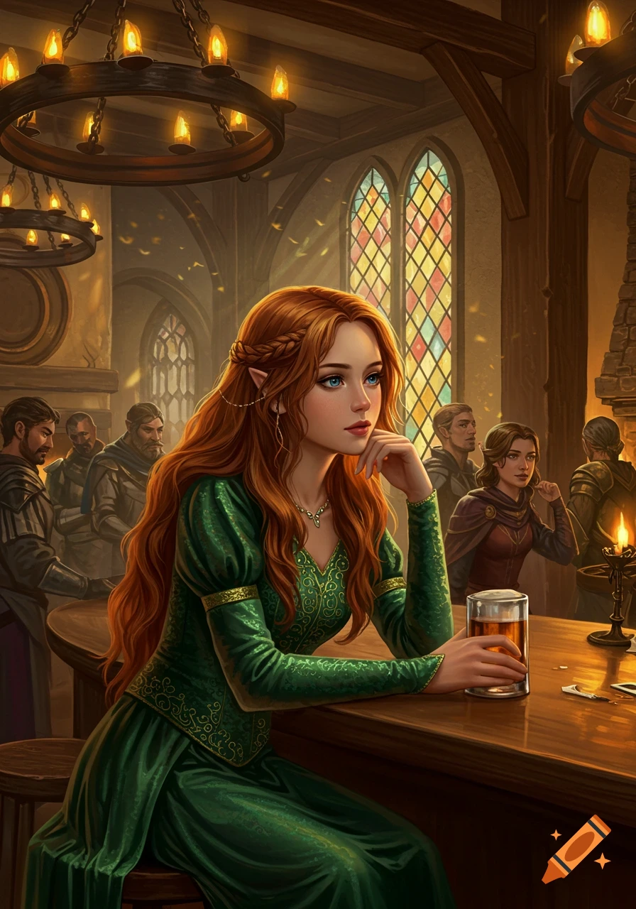A fantasy girl with red hair and elf ears is sitting at a bar in a tavern.