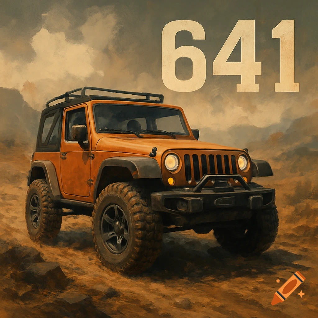 Image of an orange offroad Jeep with 641 in the sky.