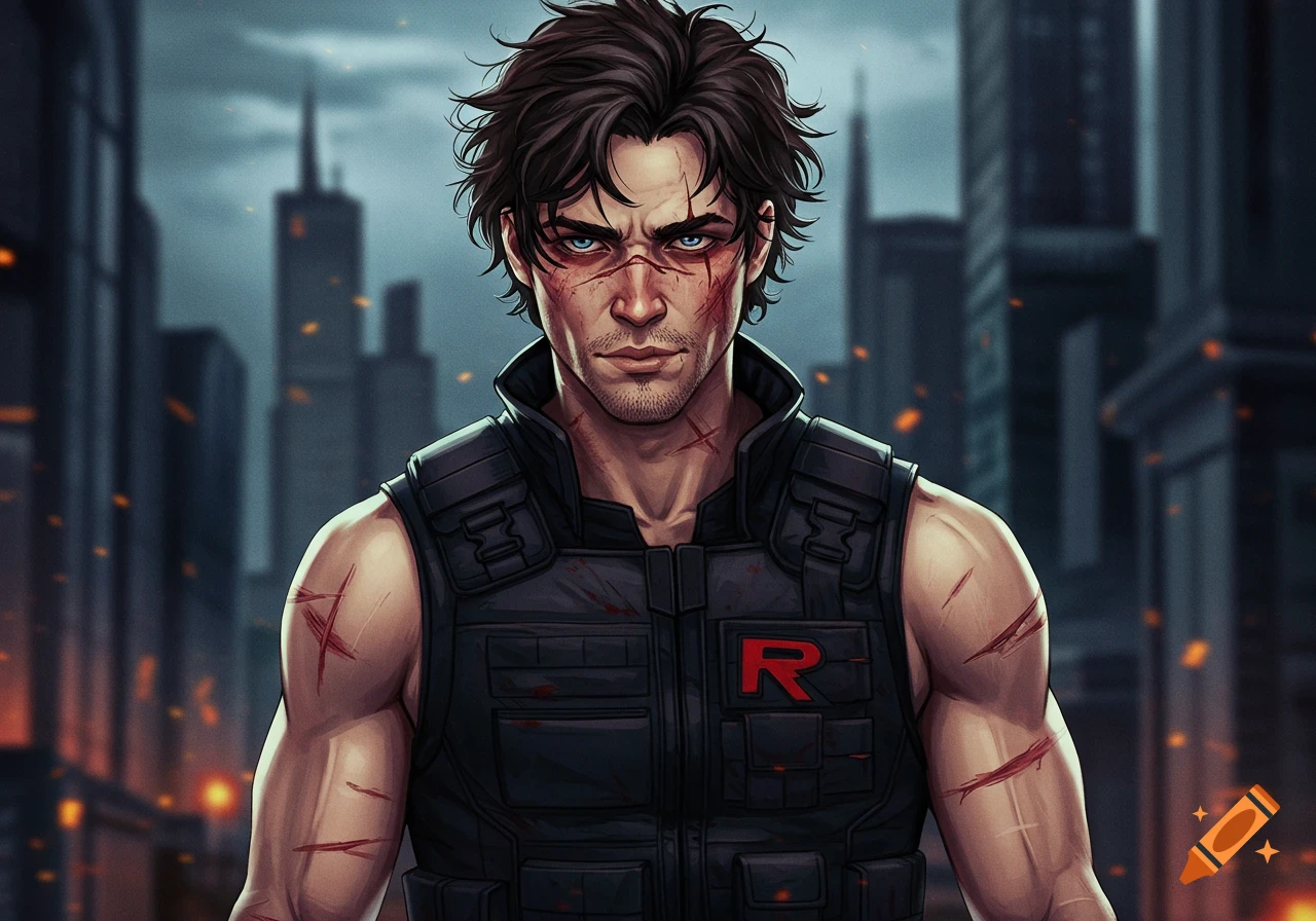 A man with scars, wearing black armor with a red 'R' emblem, stands in a dark city.