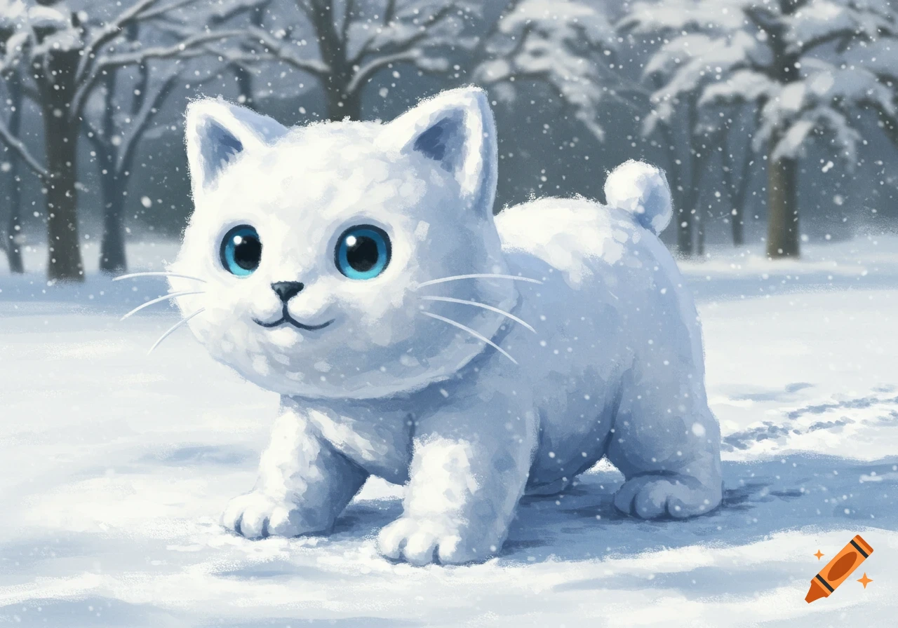 A cartoon snow cat with blue eyes stands in a snowy forest.