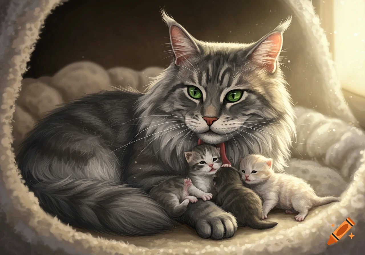 A grey Maine Coon cat lies in a cozy bed with her kittens.