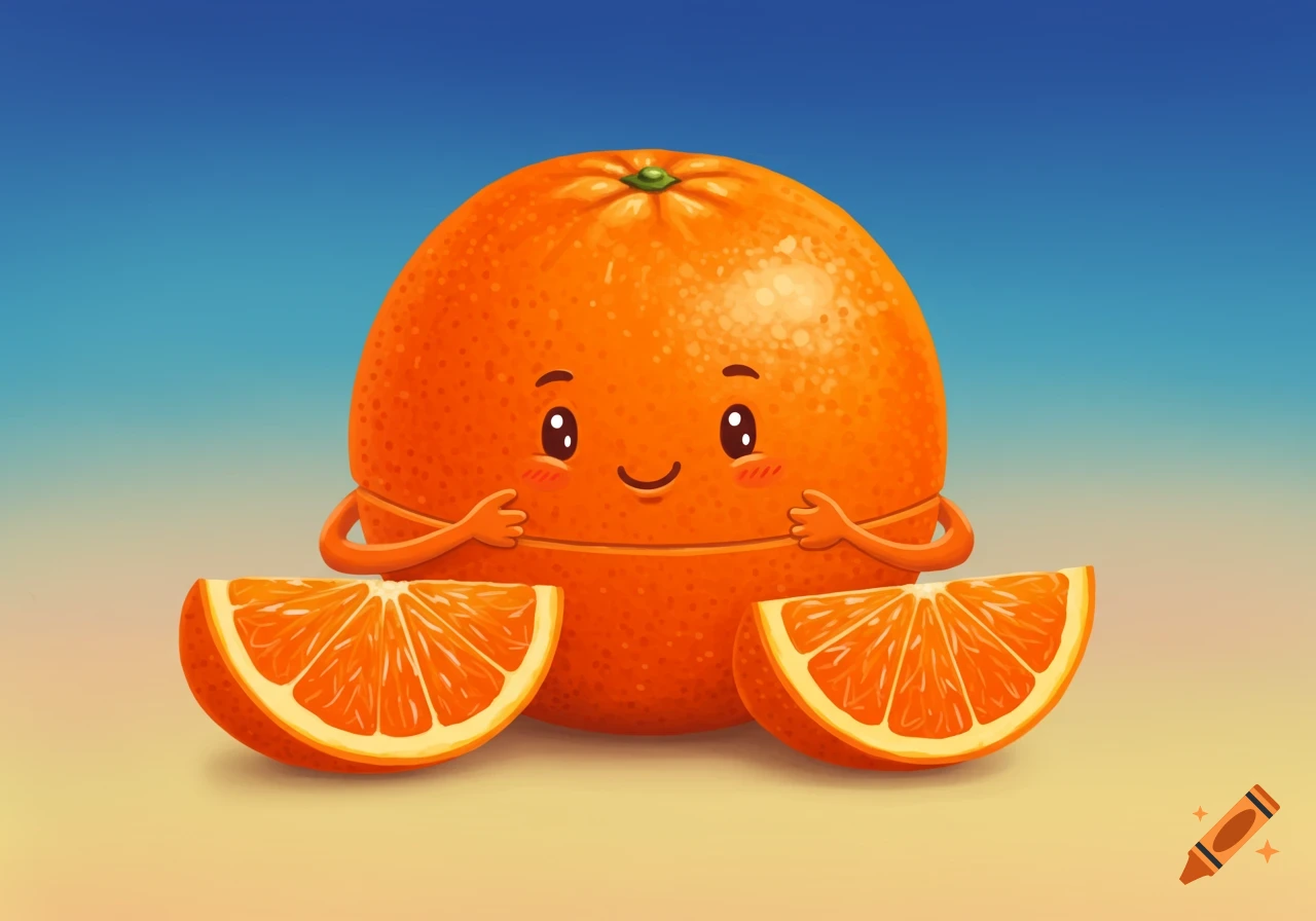 A cute cartoon orange holding orange slices.