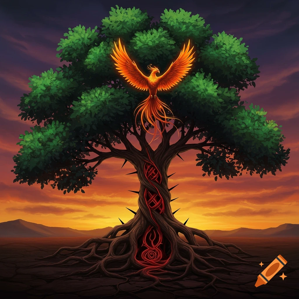 A phoenix rising above a stylized tree with thorny branches and glowing roots against an evening sky.