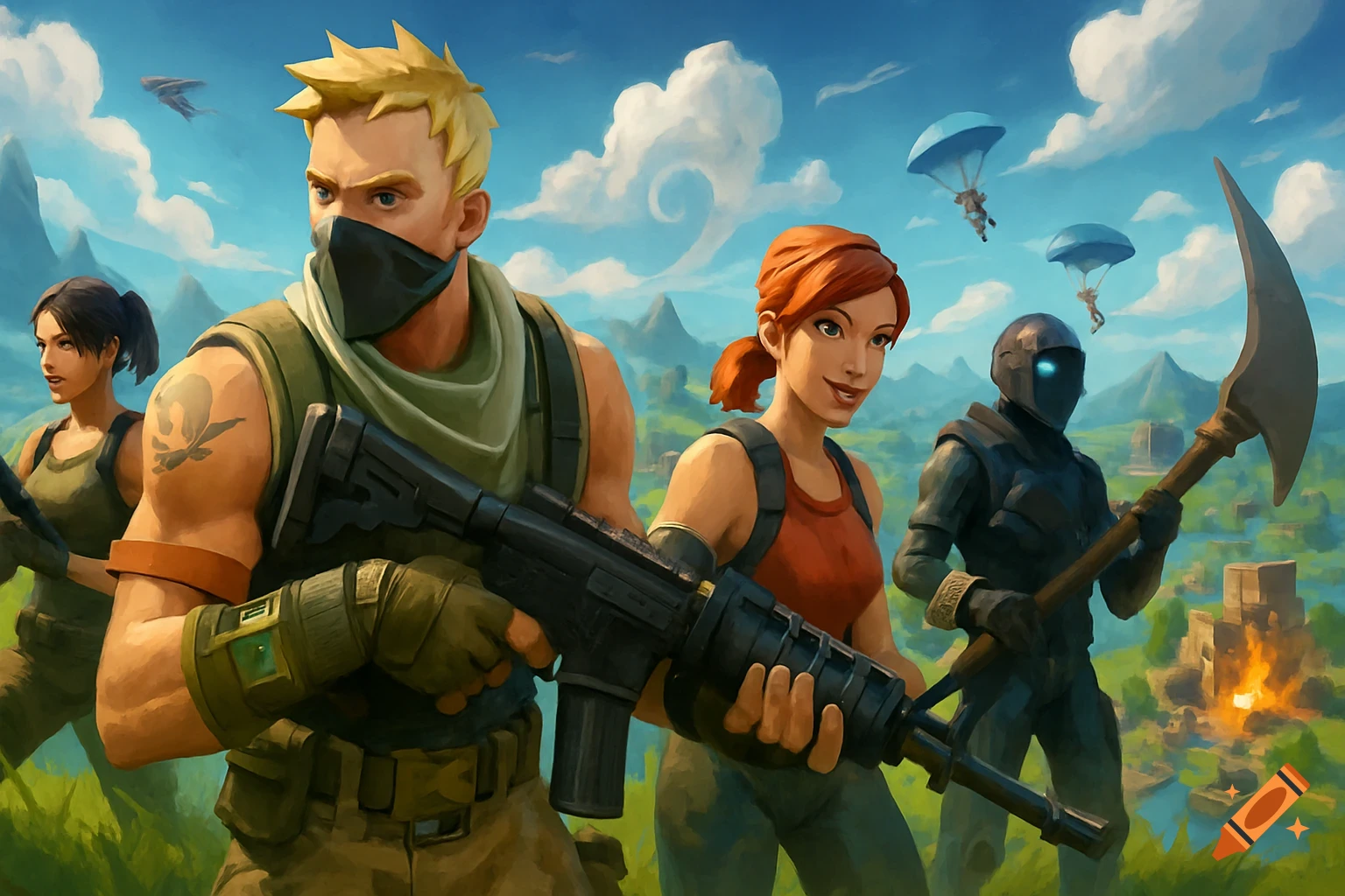 Fortnite characters with weapons and parachutes in the background.